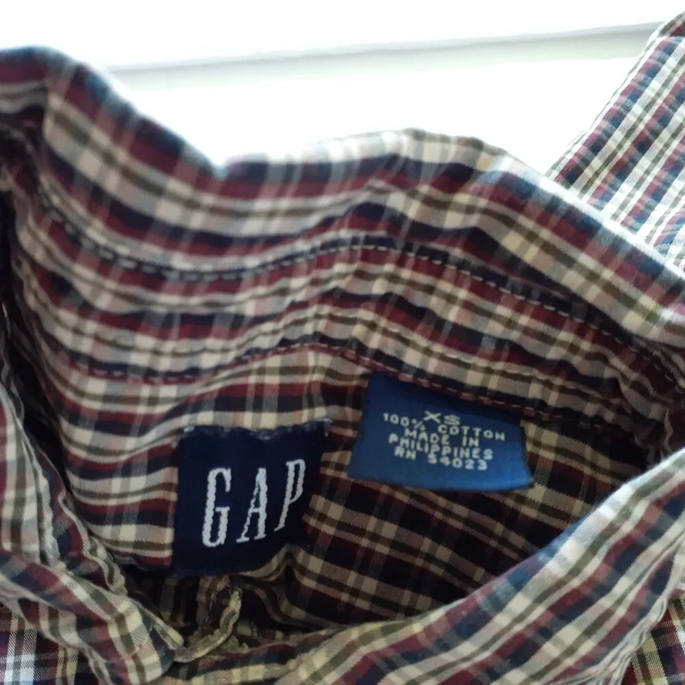Gap Boys Shirt Button Down Red Tan Green Plaid Short Sleeve XS